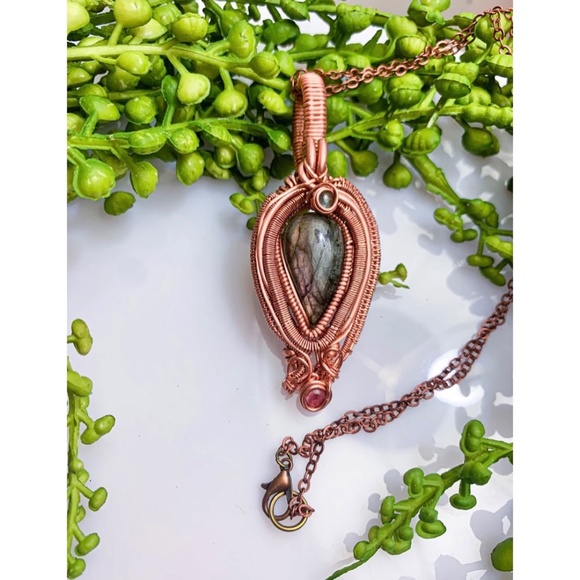 Purple Labradorite & Tourmaline Wire Wrapped Pendant - Picture 2 of 5